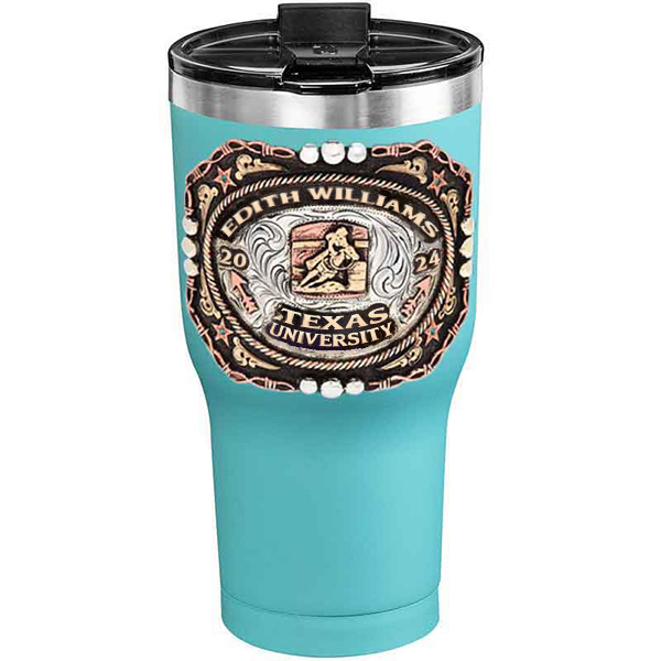 A customized tumbler made of stainless steel with a personalized engraved name and Texas University lettering with barrel racing figure, 30 oz, ideal for coffee or cool drinks